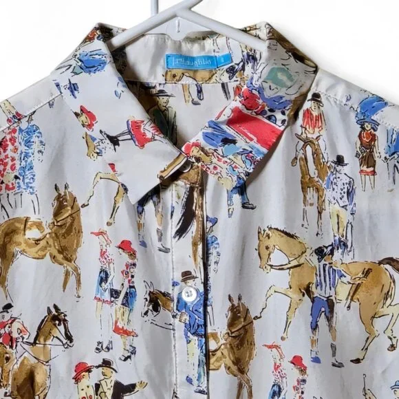 J.McLaughlin 100% Silk Equestrian Horse Print Blouse | Button Down Novelty Shirt - Picture 3 of 9